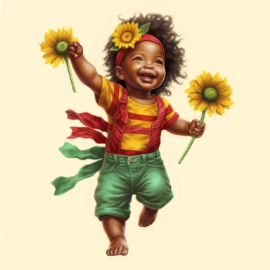 Happy baby juneteenth girl with red, green, yellow cloths and flower, full body, hand draw Illustration clipart, 4K, extremely detailed