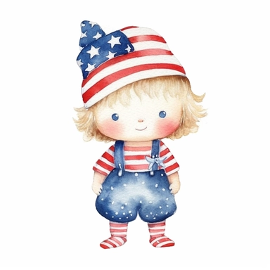watercolor illustration, cute 1st of July clipart, high resolution, detailed doodle, white background, doodle clipart USA