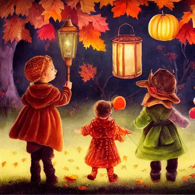 children in autumn clothes on a lantern parade, toadstools, waldorf, martinmas, chalk, watercolor, clipart, white background, cartoon