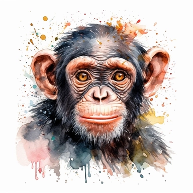 please create watercolor clipart of a baby chimpanzee facing to the right and smiling, face close view, colorful