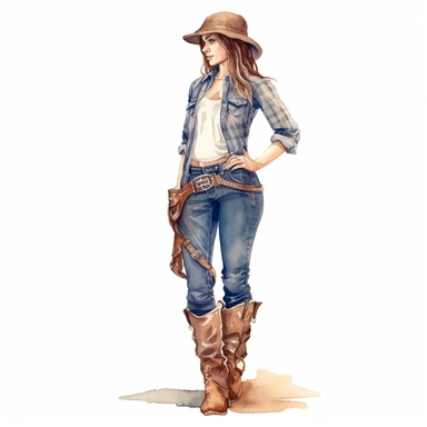 clipart, watercolor, women standing one hand on hip, looking straight at camera , hair braided over one shoulder, she is wearing blue jeans with brown motorcycle leather chaps, cowgirl hat and boots, white background