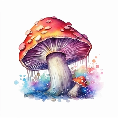 A colorful watercolor mushroom fantasy clipart in PNG format, with a white background and easy to cut out