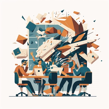 generate a clipart that shows collaboration chaos in a room of professionals working on a construction project