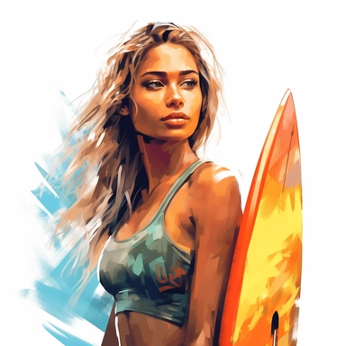 beautiful stunning pretty young surfer hawaiian woman , paint art style, clipart, white background, superrealistic, one of a kind