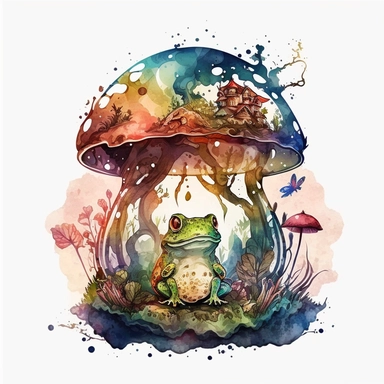 watercolour clipart artstyle paint slashes magic mushrooms enchanted mushroom with frog toad sitting on top of mushroom toned down psychedelic effect fantasy magical