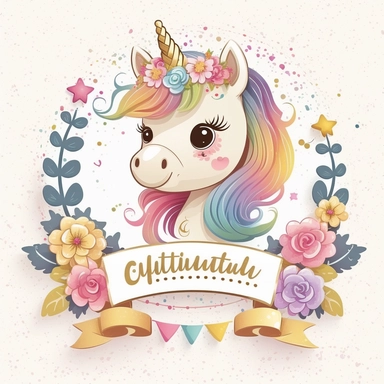 cute unicorn in chibi style with flowers in hair, colourful rainbow colours, well lite, with name plate ribbon with gold trim, watercolor clipart using procreate grain brush, svg white background