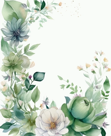 rectangle floral frame, thin border, green flowers and leaves, minimal with white space in middle, clipart, watercolor flowers, hand drawn, white background, clipart,