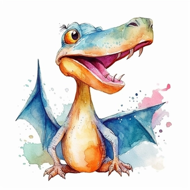 watercolored clipart with pterodactyl, funny and friendly, goofy, silly and playful dinosaur, colored, white background