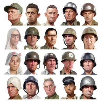 a clipart gallery of the faces of world war 2 soldiers form the united states army, helmets, photo realistic, white background, grim and stern face, in the style of a caricature, oil painting, 3/4 angle