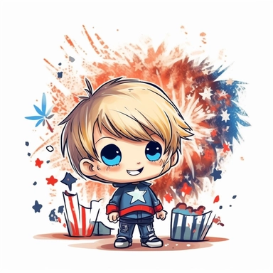 Super cute, American flag with toddler army Sublimation Clipart, Cartoon funny, Cute anime, Very detailed, firework background
