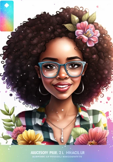 2d watercolor clipart kawaii, spring, april, character of beautiful african american woman smiling, Intricately rendered dark Skinned woman, full body portrait, intricately rendered, 8k, short thick curls brown hair, sparkles, generously detailed, hyper realistic, digital, long rainbow eye lashes, beautiful retro comic urban chick, nerdy, glasses, 8k,