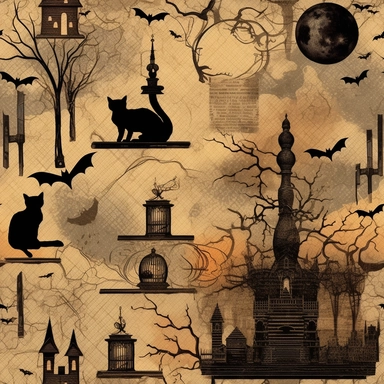 158: Create a Halloween-themed clipart bundle featuring vintage gothic elements such as bat silhouettes, spiderwebs, and black cats. The clipart should be in PNG format with transparent backgrounds, and the colors should be dark and moody. Include a set of antique Halloween digital papers with eerie textures and spooky patterns like haunted houses and full moons. Offer a discount bundle for those who purchase both.