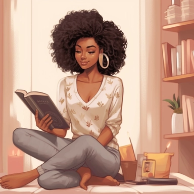 cute illustration of a black women sitting at her room reading a book, fashion illustration, fashion clipart, African American Art, Her face radiates joy and personal bliss, illustrating the positive impact of her books, light beige background,