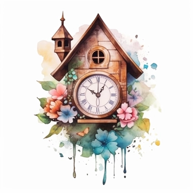 Cute Beautiful Pastel Color Clock House Flower Watercolor Clipart,Cartoon, hyper realistic, intricate detail, illustration style,high solution,on the white background