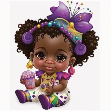 black African American baby girl Mardi Gras happy cartoon white background clip art