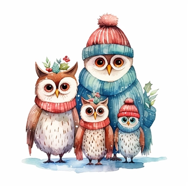 charming family of 4 owl, Christmas morning, festive decor and mood, ornamental watercolor, clipart