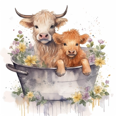 watercolor clipart of an adorable highland brown cattle calf with a cute highland white cattle calf with black eyes sitting wet in a tub filled with water and flowers, happy, smiling, sunny and warm day, hand drawn style, white background