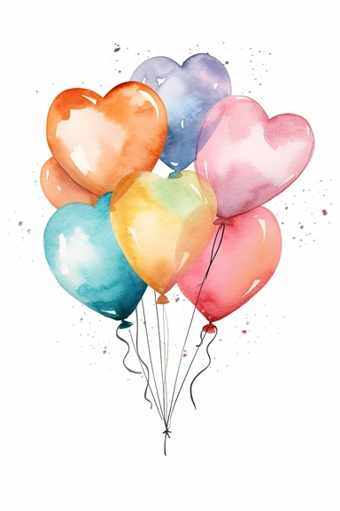 Watercolor heart shaped balloons, wedding, simple, soft colors, cartoon elements, watercolor boho style, clipart, white transparent