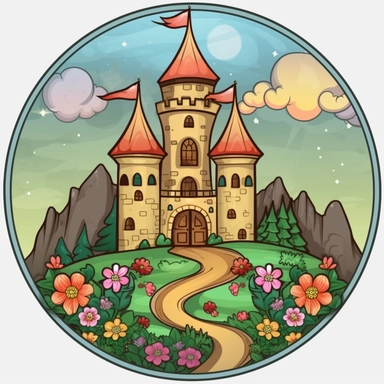 Sticker Clip Art of a medieval fairy tale castle, garden with flowers, illustrated in playful and realistic style, children friendly, perfect for any special occasion, cut out in the shape of a castle, children friendly, with no visible background, giving it the appearance of a sticker, edited with Adobe Photoshop to adjust brightness and contrast, rendered as a transparent PNG file with a high resolution to ensure a crisp and clear image with no pixelation, suitable for various applications suc