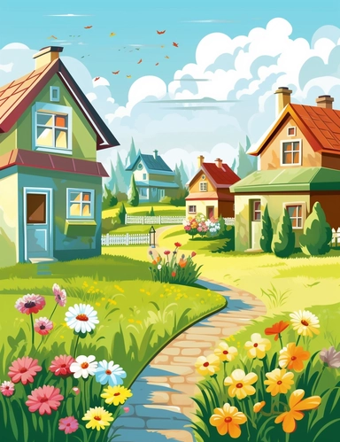 a neighborhood with simple houses, green grass, flowers, cartoon style clip art for kids