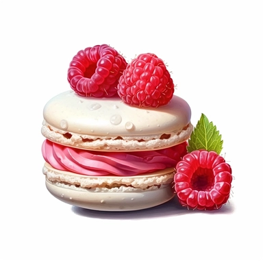 incredible detailed acrylic art macaron with raspberries clipart, hyperrealism, clear picture in high resolution, highlights , white background, appetizing, clear and contrast image, reflections, very detailed drawing, menu illustration, realism, high quality, lighting like in a photo studio, advertising, hd