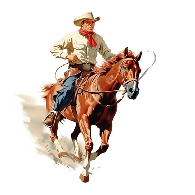 clipart, 1950s handome man that is a cowboy riding a bucking horse, intense face full body, wide angle, inspired by the”Lone Ranger” 1950s comic book, white background,