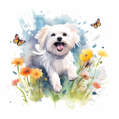 A playful scene of a Maltese dog frolicking in a field of daisies, with its silky white coat shining in the sunlight, surrounded by colorful butterflies, with a white background and watercolor clipart.