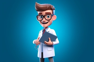 3d render. Cartoon doctor character holds clipboard. Clip art isolated on blue background. Professional consultation. Medical concept
