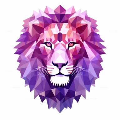 clipart of violet polygonal lion head at the end of polygonal violet hallway, on white background