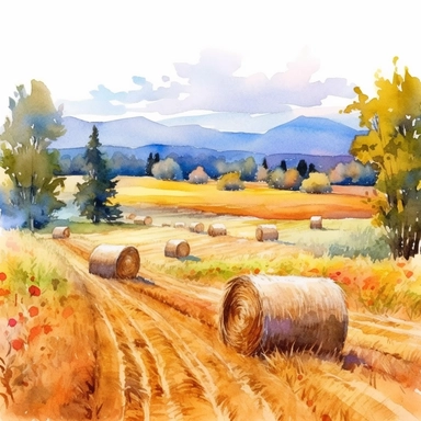 harvested fields with ripe crops and bales of hay under a clear blue sky, an autumn forest in the distance, clipart, watercolor, white background