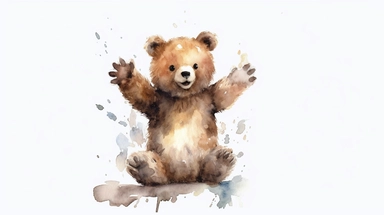 watercolor of a cute clipart bear, full body, smiley face, white clear background, zoom in, HD