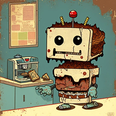 garbage pale kids format, pop surrealism digital art image of broken down, old, rusting, cartoonish, humanoid robot making a sandwich in the kitchen of a fast food restaurant. The robot is wearing tattered, McDonalds style uniform, made of human clothing. The robot is in an art style inspired by artists like Tara McPhereson, Nooligan, and Robin Eisenberg. To be used for digital clipart. Use dull, 1970's style, yellow, green, brown color scheme for the robot.