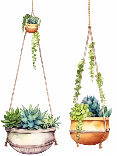 watercolor clipart set with white background, cute macrame hanging planter with succulents, cute and adorable, flat design, clearly defined with separated images, high quality