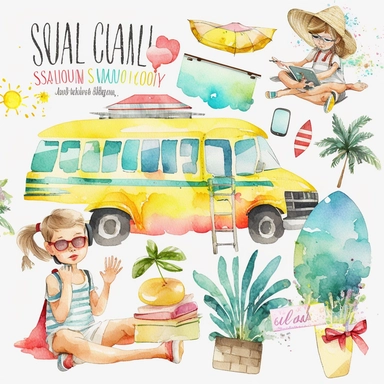 watercolor summer vacation from school clip arts, end of school year clipart, white background, no letters