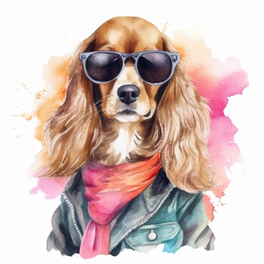 An adorable watercolor clipart of a Doggy Diva wearing a fashionable outfit, parti-color Cocker Spaniel