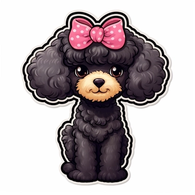 full body poodle dog sticker with bow on head, modern style animated, white background, cute eyes, die cut sticker, no image noise, clipart, no hyper detailed lettering, maximum detail-8k