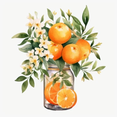 Create a watercolor oranges clipart with glass nd bouquets