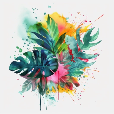 leave, lovely looking, tropical, vibrant colors, include green, summer vibe, 4k, professional sketch, water colors, clipart, solid background