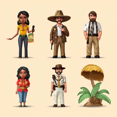 a set of clipart inspired by Wes Anderson and Raiders of the Lost Ark and travel and colonialism and stolen cultural relics and 1980s action figures