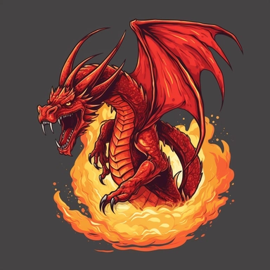 Create a dynamic clipart image featuring a fierce red dragon in mid-flight, attacking with a powerful burst of flame breath. The dragon should have outstretched wings, sharp claws, and a muscular, serpentine body. Position the dragon at a diagonal angle with its head turned towards the viewer, showcasing its open mouth and ferocious expression. The flame breath should be a vibrant, fiery blend of red, orange, and yellow, shooting out from the dragon's mouth in a cone shape, emphasizing the inten