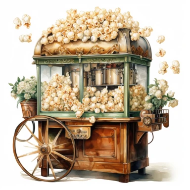 A realistic high detailed watercolor wedding popcorn machine, pastel colors, in the style of digital print, clipart, illustration, sticker, ultra high definition, rich details, 32K, HD