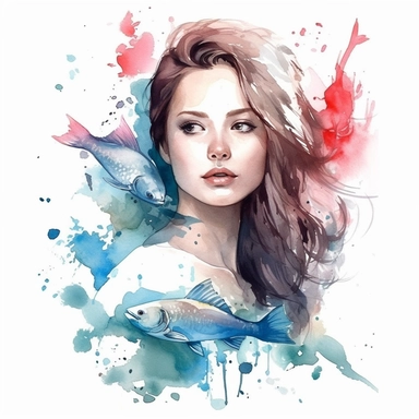 watercolour clipart beautiful woman with two fish. Watercolor effect. The clipart should be of the highest quality, with great detail, clear outlines and lines, gentle pastel colors, and should be elegant and beautiful, white background, without watermarks