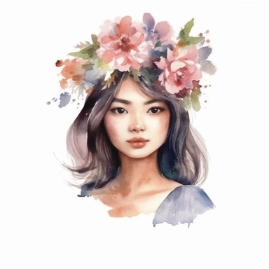 watercolor style, asian-origin girl with flowers on her head clipart, isolated on white background, hd