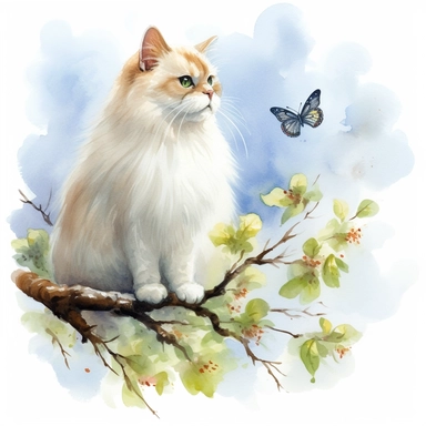 A persian cat sitting proudly on a spring branch, with a few butterflies flying, looking off into the camera, with a few spring leaves framing the scene, watercolor by Thomas W. Shaller, clipart, solid background, 8k