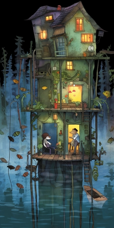 father and son fishing, from multi decker house surrounded by water full of fish, peaceful night theme with its own habitats (flowers and plants) made into a heart-shape vintage in watercolor style clipart, use darker tones, higher saturation colors, Banksy artstyle with minimal effects, super creative watercolor, completely black background