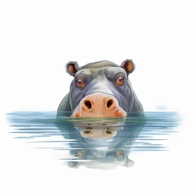 curious HIPPOPOTAMUS, common hippopotamus, curiously observing its reflection in the water, designed by artist Frida Kahlo, introspective and symbolic art style, clipart, on a white background