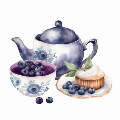 high quality blueberry clipart on insolated white background, watercolor classic style, detailed, flatlay, outlined, vintage mood, teacup with blueberry, teapot, pie with blueberry, blueberry brushes, blueberries, high resolution, cozy objects