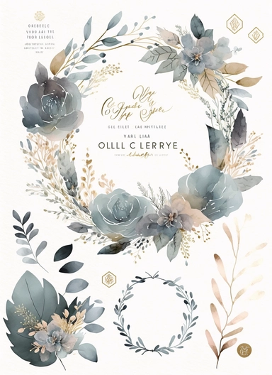 dreamy bohemian watercolor wreath clipart, dusty blue, VINTAGE VICTORIAN STYLE, fairy style, muted color, accent gold color, watercolor touch, A dusty blue floral card with gold accents, with elements of leaves, wildflowers, elegant, light, airy, fresh, classy, modern, minimalist design, no borders, the overall aesthetic exudes luxury and delight, no text or writing, includes blank space for text and writing, WHITE background, watercolor splashes, FOR CARD, hd, white background: