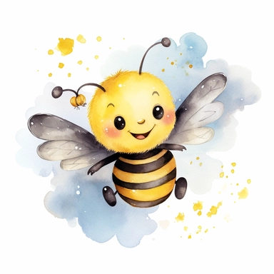 watercolor, watersplash, a cute little honey bee smiling, flying, enjoying, stars, whimsical,clouds, clipart, hd, on white background