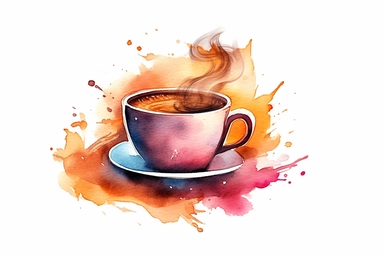 Watercolor steaming coffee clipart, hd, on white background, spaced out